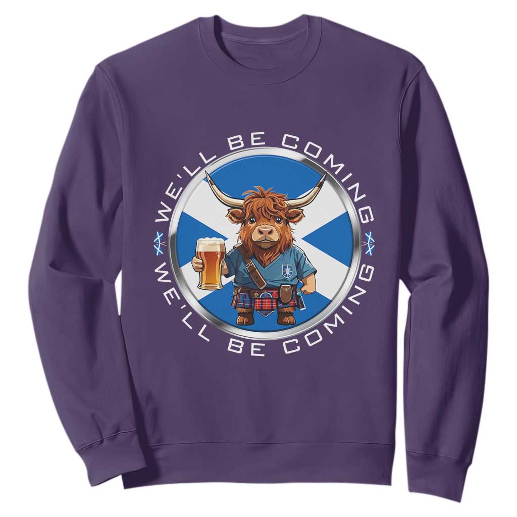 Funny Highland Cow in Kilt Drinking Sweatshirt We'll Be Coming Scottish Pride Football Fans TS02 Purple Print Your Wear