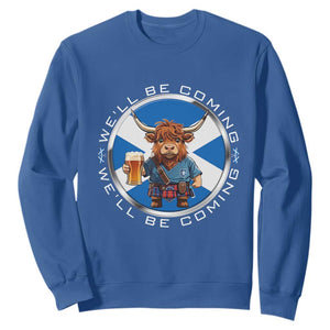 Funny Highland Cow in Kilt Drinking Sweatshirt We'll Be Coming Scottish Pride Football Fans TS02 Royal Blue Print Your Wear