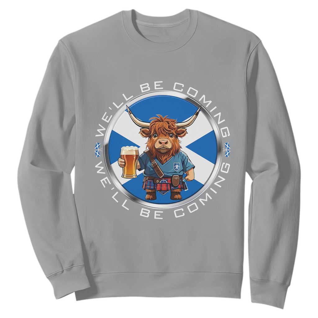 Funny Highland Cow in Kilt Drinking Sweatshirt We'll Be Coming Scottish Pride Football Fans TS02 Sport Gray Print Your Wear