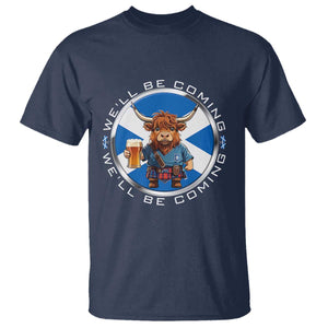 Funny Highland Cow in Kilt Drinking T Shirt We'll Be Coming Scottish Pride Football Fans TS02 Navy Print Your Wear
