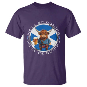 Funny Highland Cow in Kilt Drinking T Shirt We'll Be Coming Scottish Pride Football Fans TS02 Purple Print Your Wear