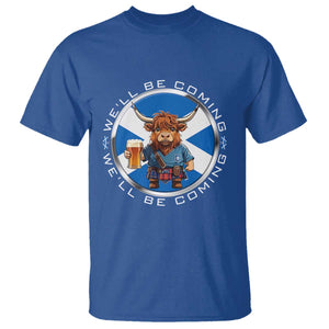 Funny Highland Cow in Kilt Drinking T Shirt We'll Be Coming Scottish Pride Football Fans TS02 Royal Blue Print Your Wear