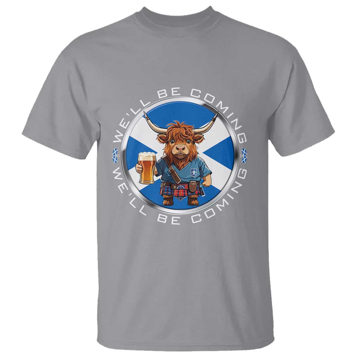 Funny Highland Cow in Kilt Drinking T Shirt We'll Be Coming Scottish Pride Football Fans TS02 Sport Gray Print Your Wear