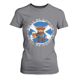 Funny Highland Cow in Kilt Drinking T Shirt For Women We'll Be Coming Scottish Pride Football Fans TS02 Charcoal Print Your Wear