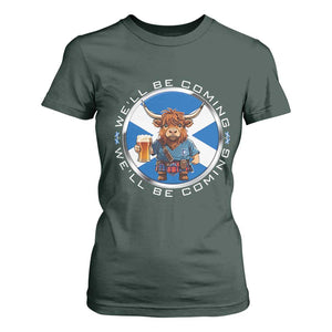 Funny Highland Cow in Kilt Drinking T Shirt For Women We'll Be Coming Scottish Pride Football Fans TS02 Dark Forest Green Print Your Wear