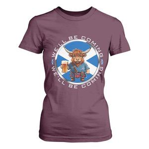 Funny Highland Cow in Kilt Drinking T Shirt For Women We'll Be Coming Scottish Pride Football Fans TS02 Maroon Print Your Wear