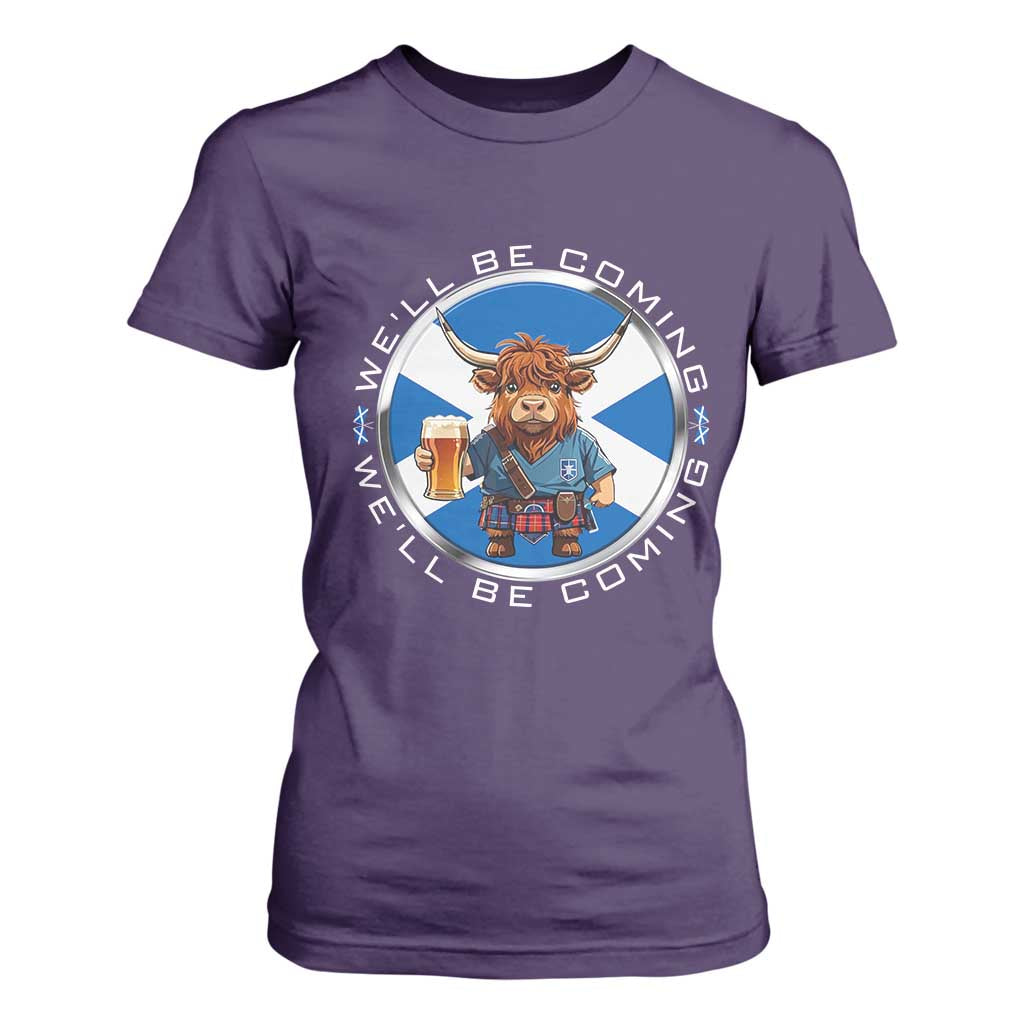 Funny Highland Cow in Kilt Drinking T Shirt For Women We'll Be Coming Scottish Pride Football Fans TS02 Purple Print Your Wear