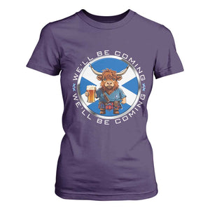 Funny Highland Cow in Kilt Drinking T Shirt For Women We'll Be Coming Scottish Pride Football Fans TS02 Purple Print Your Wear