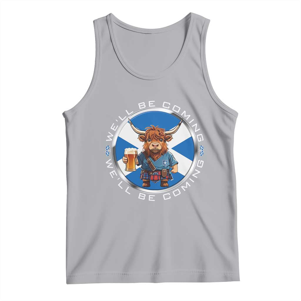 Funny Highland Cow in Kilt Drinking Tank Top We'll Be Coming Scottish Pride Football Fans TS02 Athletic Heather Print Your Wear