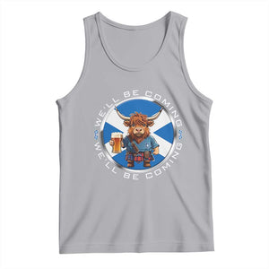 Funny Highland Cow in Kilt Drinking Tank Top We'll Be Coming Scottish Pride Football Fans TS02 Athletic Heather Print Your Wear