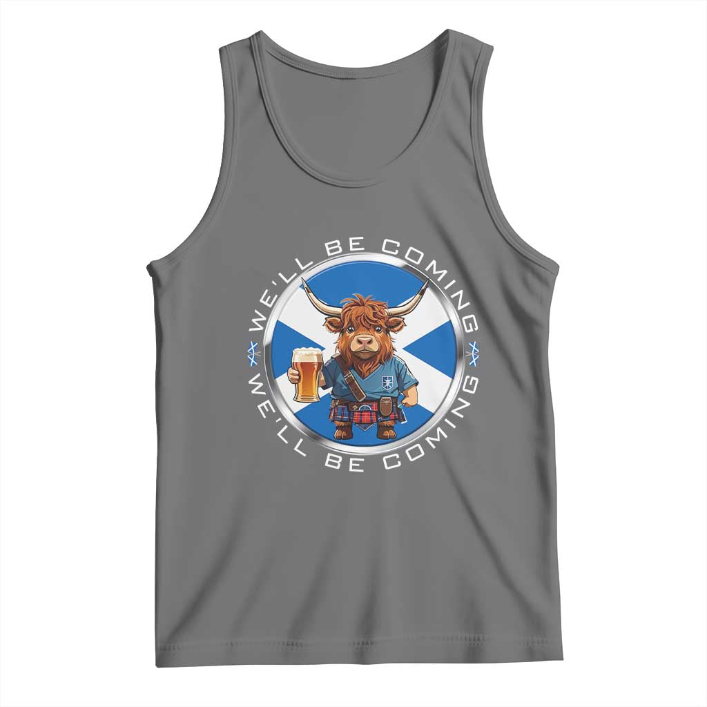 Funny Highland Cow in Kilt Drinking Tank Top We'll Be Coming Scottish Pride Football Fans TS02 Black Heather Print Your Wear