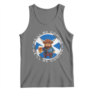 Funny Highland Cow in Kilt Drinking Tank Top We'll Be Coming Scottish Pride Football Fans TS02 Black Heather Print Your Wear
