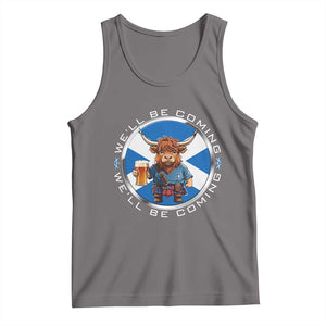 Funny Highland Cow in Kilt Drinking Tank Top We'll Be Coming Scottish Pride Football Fans TS02 Deep Heather Print Your Wear