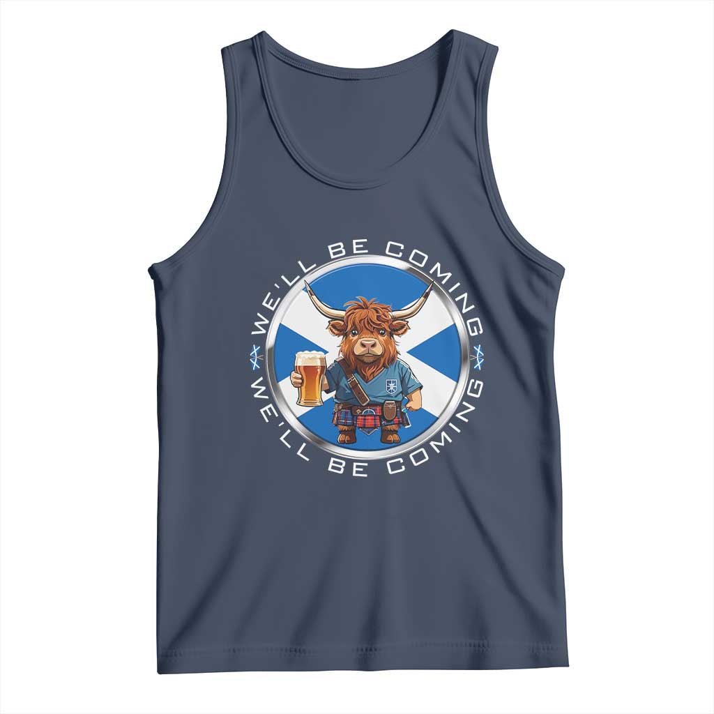 Funny Highland Cow in Kilt Drinking Tank Top We'll Be Coming Scottish Pride Football Fans TS02 Navy Print Your Wear