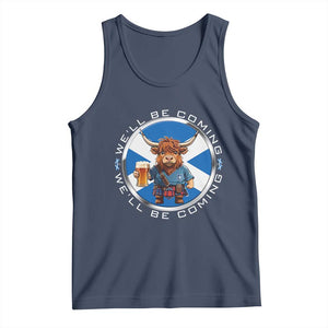 Funny Highland Cow in Kilt Drinking Tank Top We'll Be Coming Scottish Pride Football Fans TS02 Navy Print Your Wear