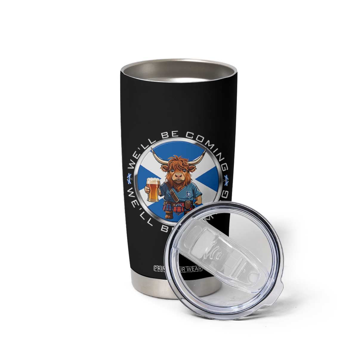 Funny Highland Cow in Kilt Drinking Tumbler Cup We'll Be Coming Scottish Pride Football Fans TS02 Print Your Wear
