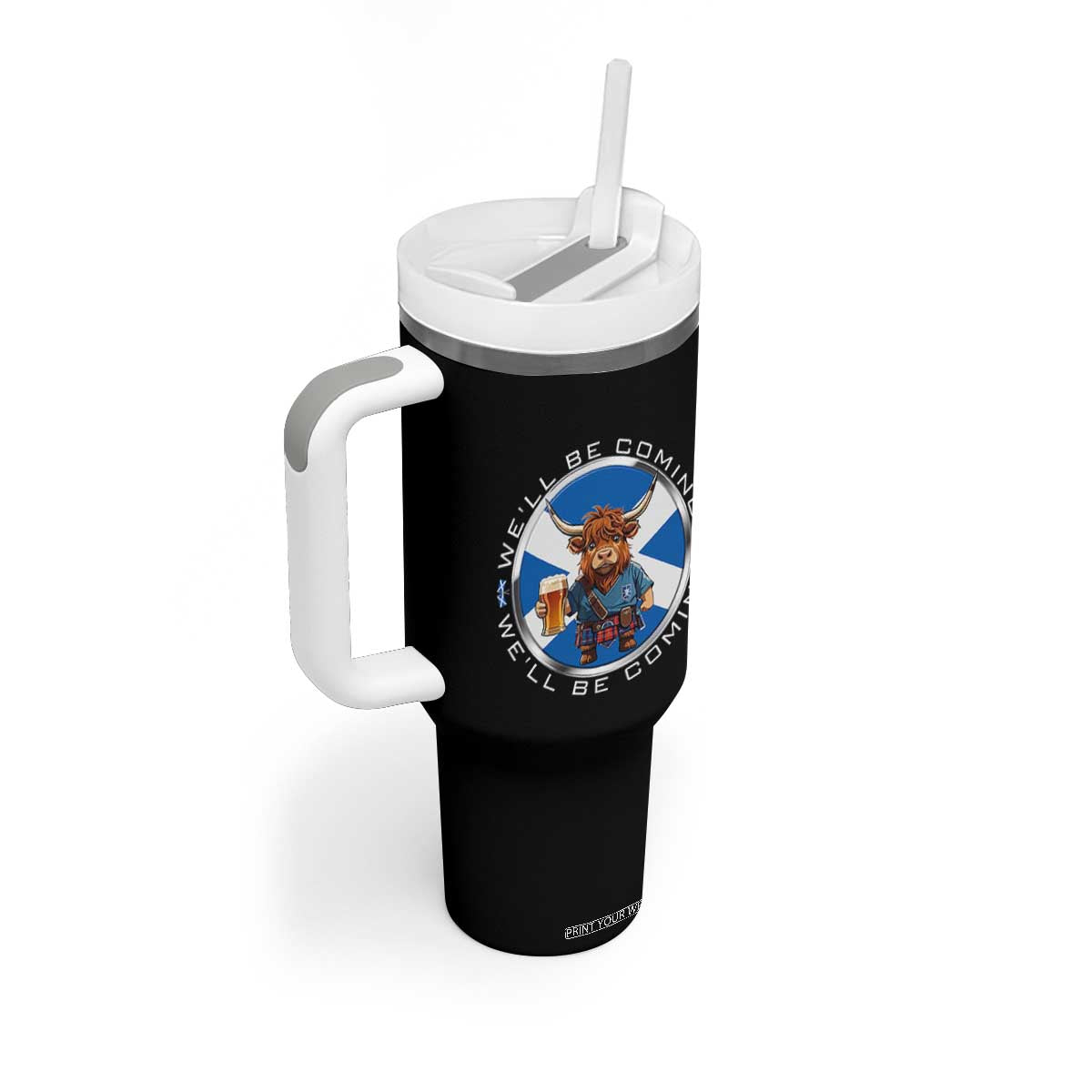 Funny Highland Cow in Kilt Drinking Tumbler With Handle We'll Be Coming Scottish Pride Football Fans TS02 Print Your Wear