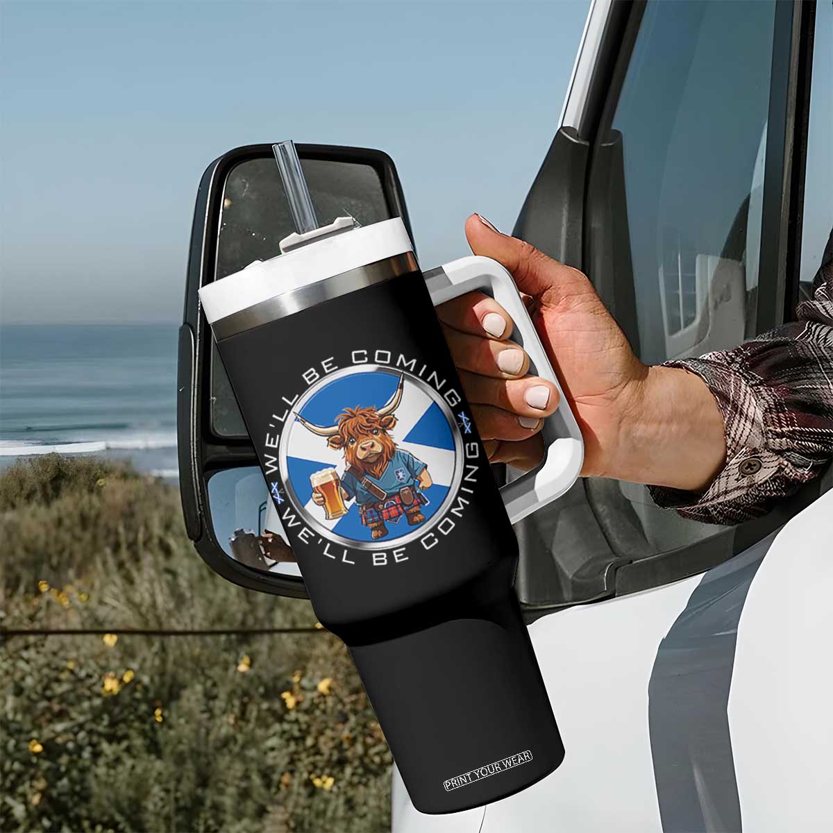 Funny Highland Cow in Kilt Drinking Tumbler With Handle We'll Be Coming Scottish Pride Football Fans TS02 Print Your Wear