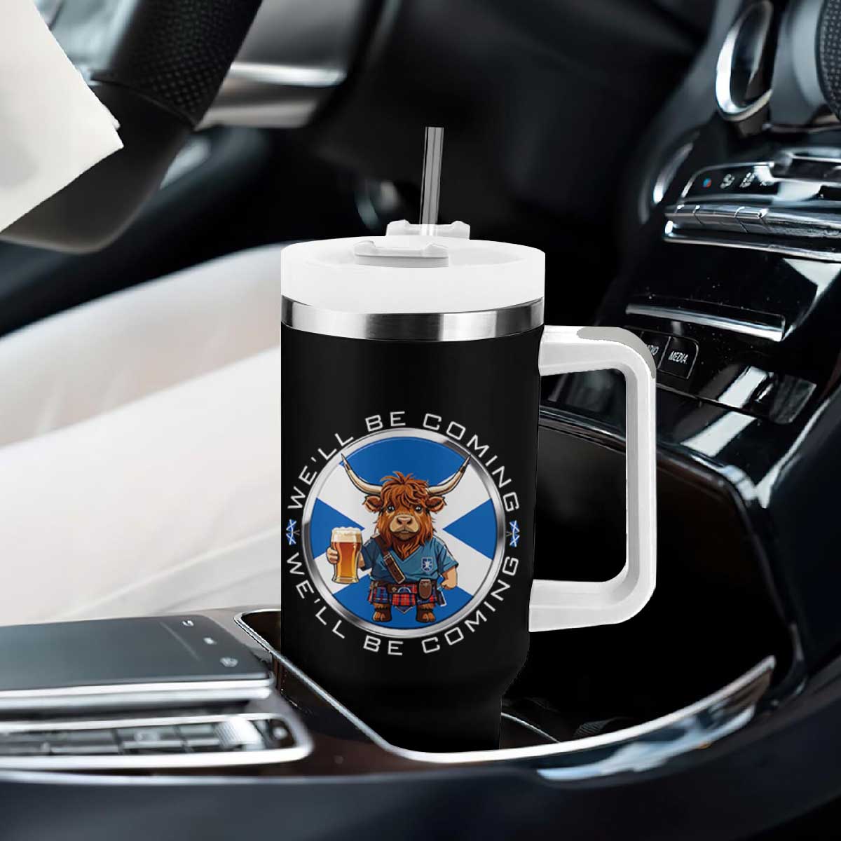 Funny Highland Cow in Kilt Drinking Tumbler With Handle We'll Be Coming Scottish Pride Football Fans TS02 Print Your Wear