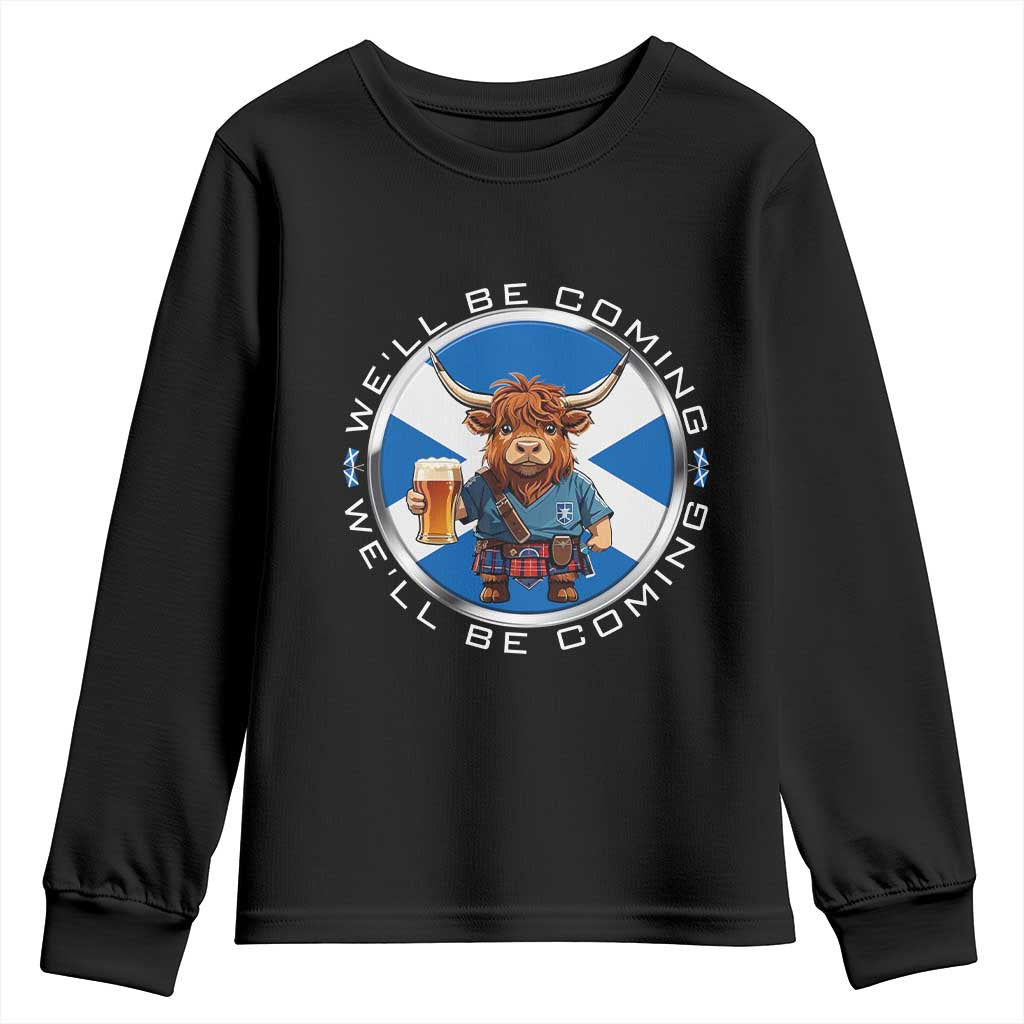 Funny Highland Cow in Kilt Drinking Youth Sweatshirt We'll Be Coming Scottish Pride Football Fans TS02 Black Print Your Wear