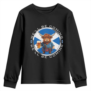 Funny Highland Cow in Kilt Drinking Youth Sweatshirt We'll Be Coming Scottish Pride Football Fans TS02 Black Print Your Wear