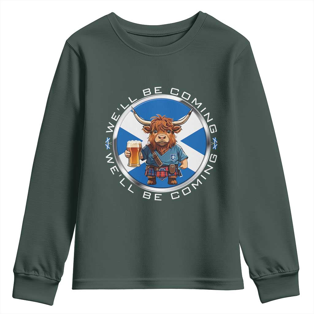 Funny Highland Cow in Kilt Drinking Youth Sweatshirt We'll Be Coming Scottish Pride Football Fans TS02 Dark Forest Green Print Your Wear
