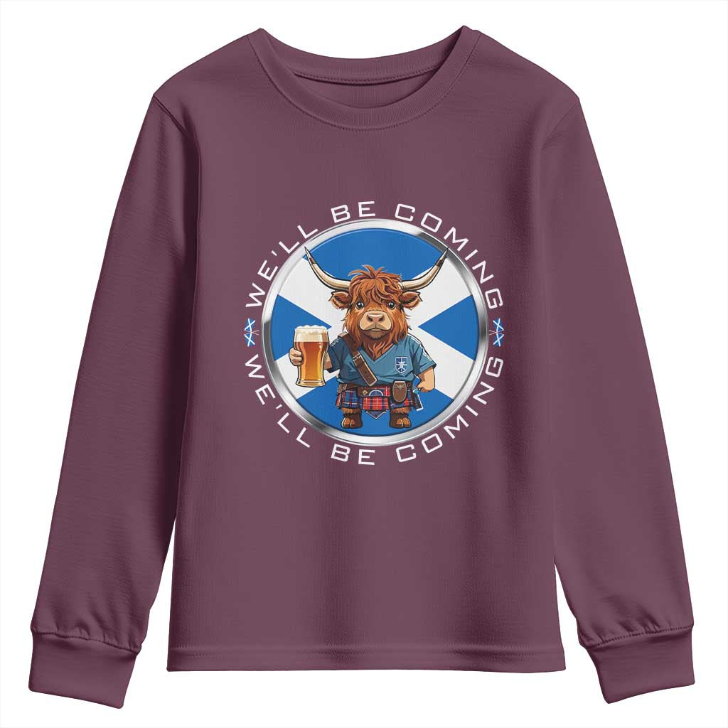 Funny Highland Cow in Kilt Drinking Youth Sweatshirt We'll Be Coming Scottish Pride Football Fans TS02 Maroon Print Your Wear