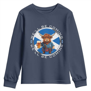 Funny Highland Cow in Kilt Drinking Youth Sweatshirt We'll Be Coming Scottish Pride Football Fans TS02 Navy Print Your Wear