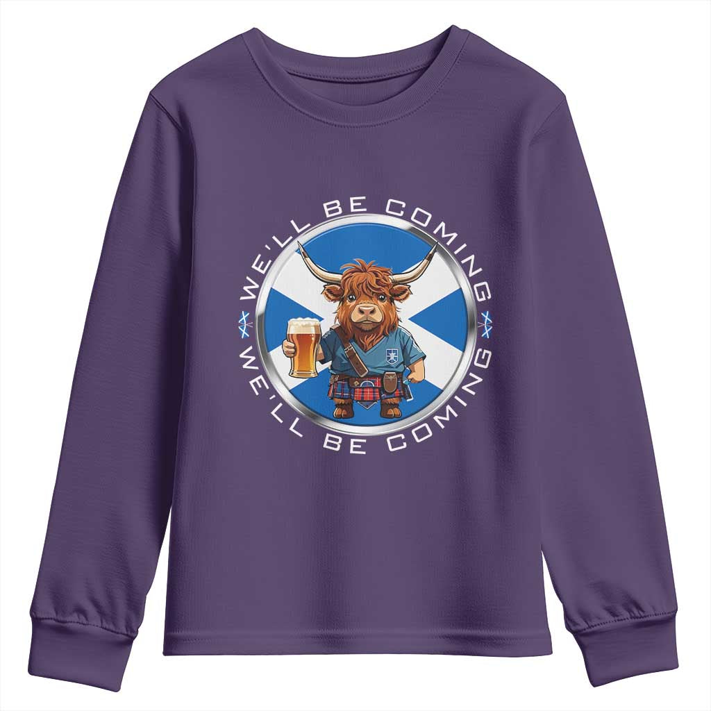 Funny Highland Cow in Kilt Drinking Youth Sweatshirt We'll Be Coming Scottish Pride Football Fans TS02 Purple Print Your Wear