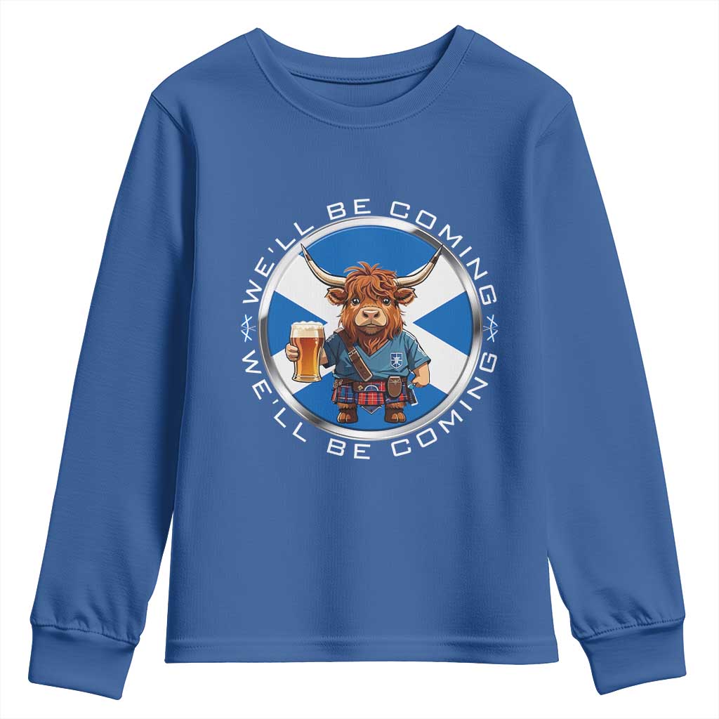 Funny Highland Cow in Kilt Drinking Youth Sweatshirt We'll Be Coming Scottish Pride Football Fans TS02 Royal Blue Print Your Wear