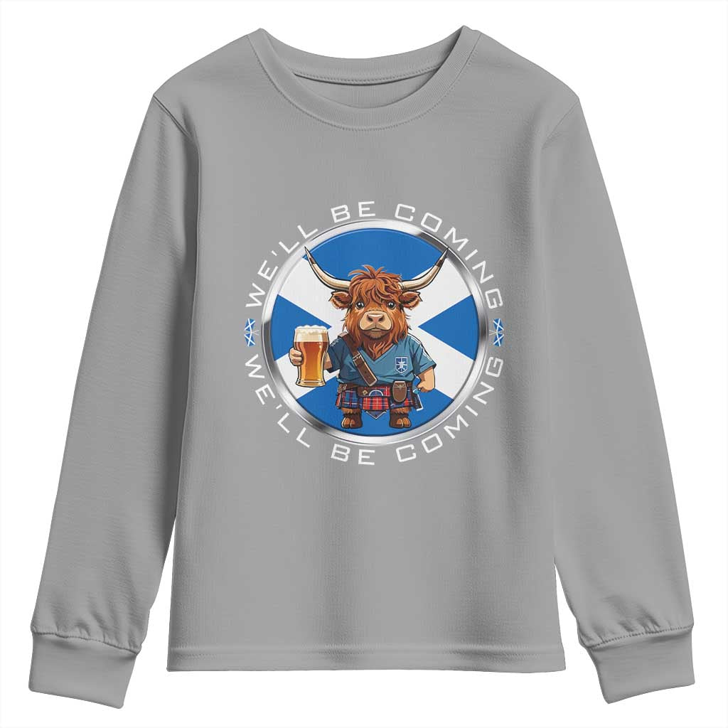 Funny Highland Cow in Kilt Drinking Youth Sweatshirt We'll Be Coming Scottish Pride Football Fans TS02 Sport Gray Print Your Wear