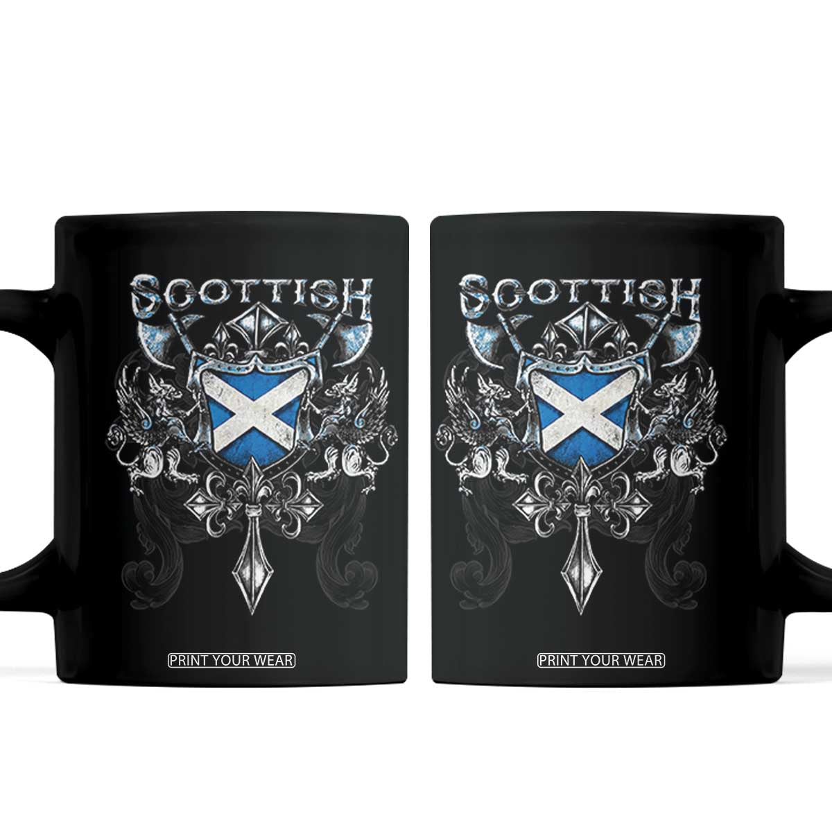 Scottish Heritage Crest Gothic Coffee Mug Medieval Flag and Sword Celtic Pride TS02 White Print Your Wear