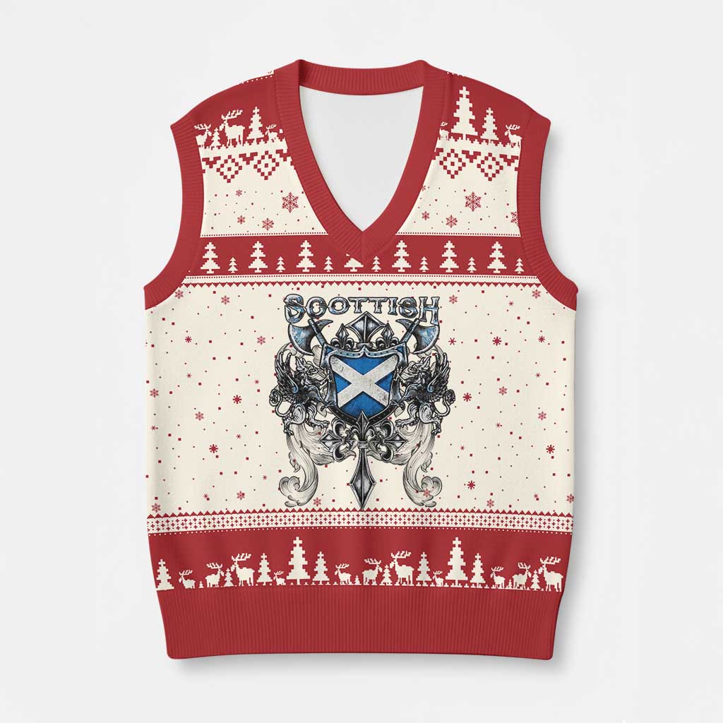 Scottish Heritage Crest Gothic V-Neck Knit Sweater Vest Medieval Flag and Sword Celtic Pride TS02 Beige Red Print Your Wear
