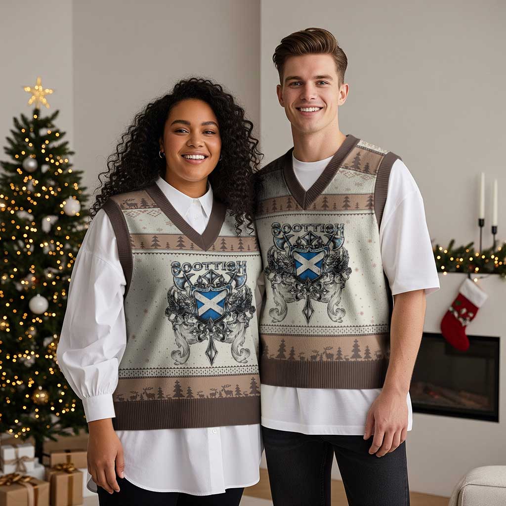 Scottish Heritage Crest Gothic V-Neck Knit Sweater Vest Medieval Flag and Sword Celtic Pride TS02 Mocha Mousse Print Your Wear