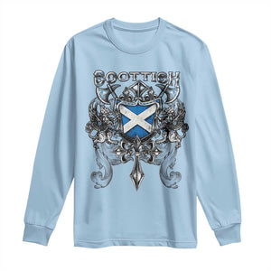 Scottish Heritage Crest Gothic Long Sleeve Shirt Medieval Flag and Sword Celtic Pride TS02 Light Blue Print Your Wear