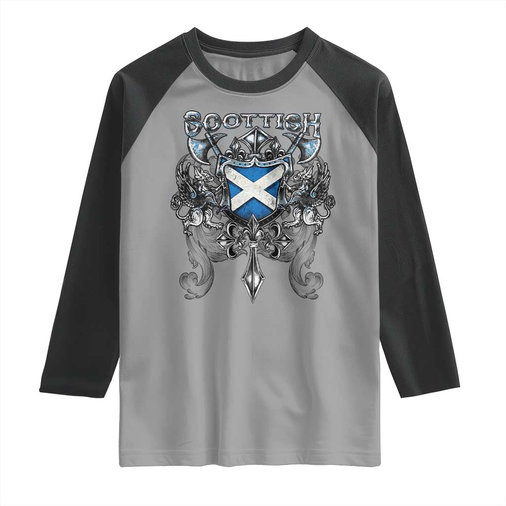 Scottish Heritage Crest Gothic Raglan Shirt Medieval Flag and Sword Celtic Pride TS02 Sport Gray Black Print Your Wear
