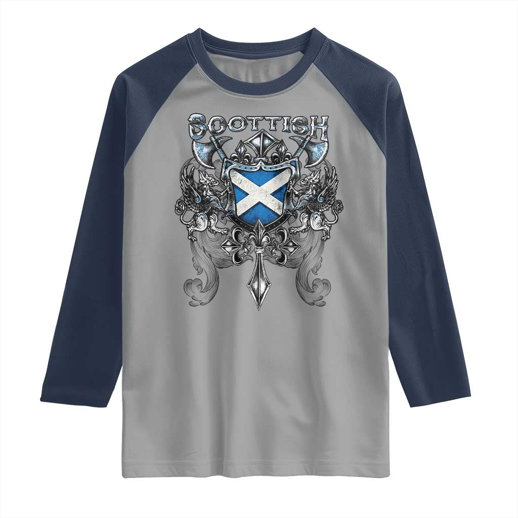 Scottish Heritage Crest Gothic Raglan Shirt Medieval Flag and Sword Celtic Pride TS02 Sport Gray Navy Print Your Wear