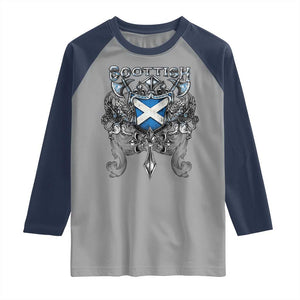 Scottish Heritage Crest Gothic Raglan Shirt Medieval Flag and Sword Celtic Pride TS02 Sport Gray Navy Print Your Wear