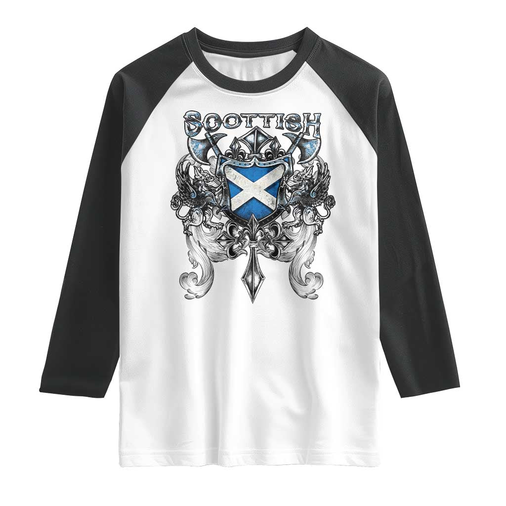 Scottish Heritage Crest Gothic Raglan Shirt Medieval Flag and Sword Celtic Pride TS02 White Black Print Your Wear