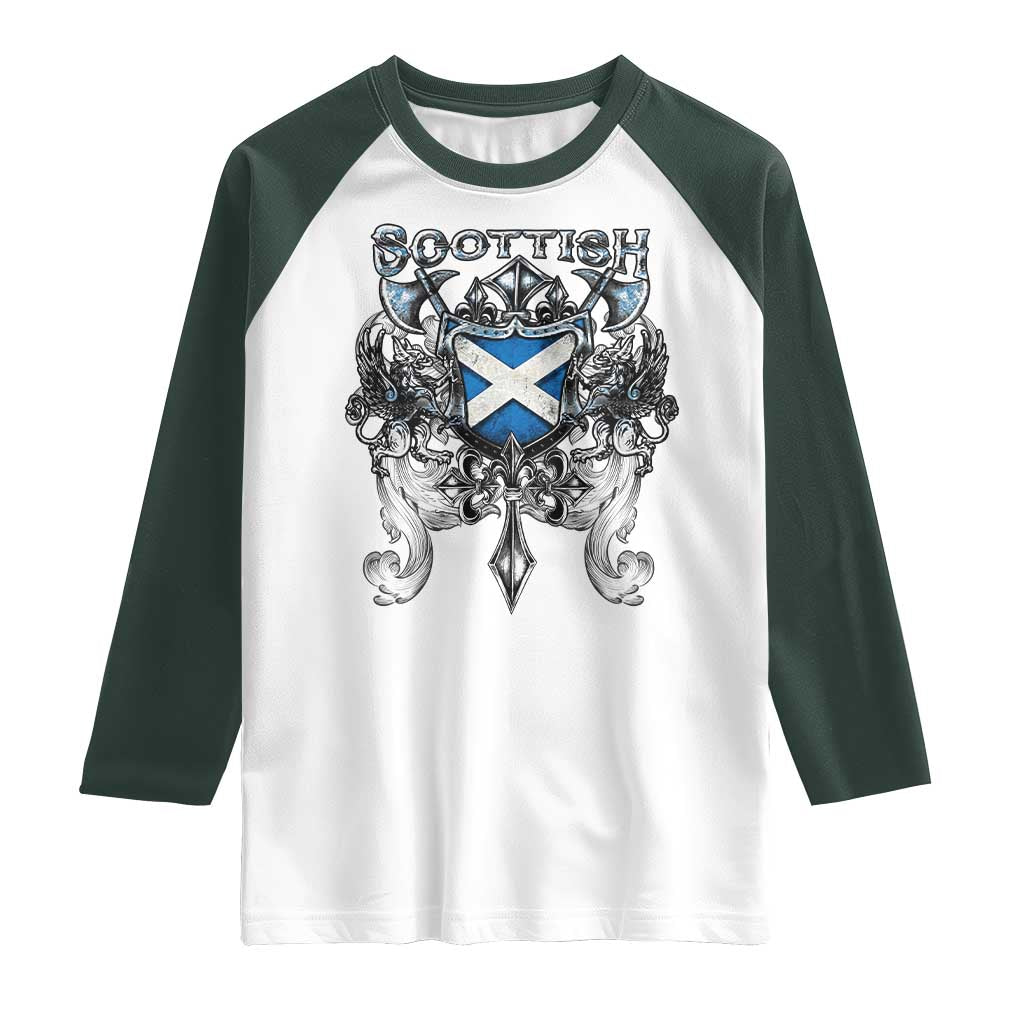 Scottish Heritage Crest Gothic Raglan Shirt Medieval Flag and Sword Celtic Pride TS02 White Dark Forest Green Print Your Wear