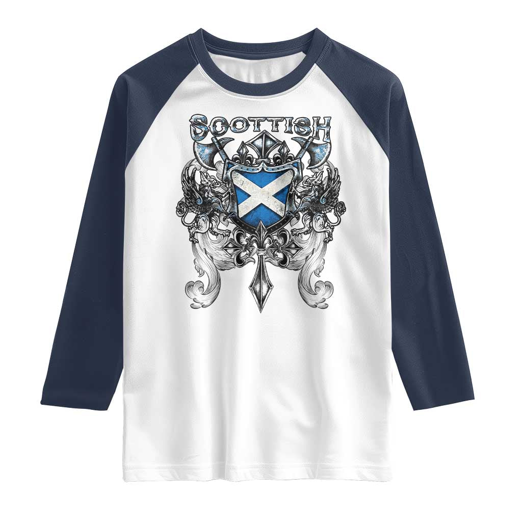 Scottish Heritage Crest Gothic Raglan Shirt Medieval Flag and Sword Celtic Pride TS02 White Navy Print Your Wear