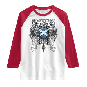 Scottish Heritage Crest Gothic Raglan Shirt Medieval Flag and Sword Celtic Pride TS02 White Red Print Your Wear