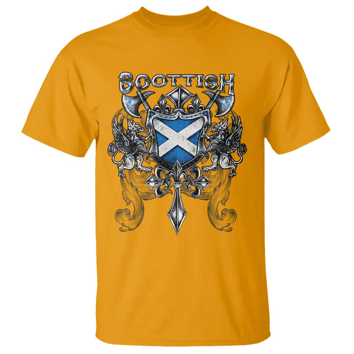 Scottish Heritage Crest Gothic T Shirt Medieval Flag and Sword Celtic Pride TS02 Gold Print Your Wear