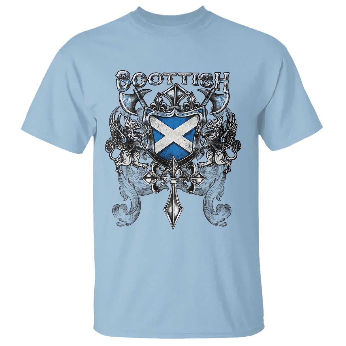 Scottish Heritage Crest Gothic T Shirt Medieval Flag and Sword Celtic Pride TS02 Light Blue Print Your Wear