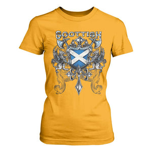Scottish Heritage Crest Gothic T Shirt For Women Medieval Flag and Sword Celtic Pride TS02 Gold Print Your Wear