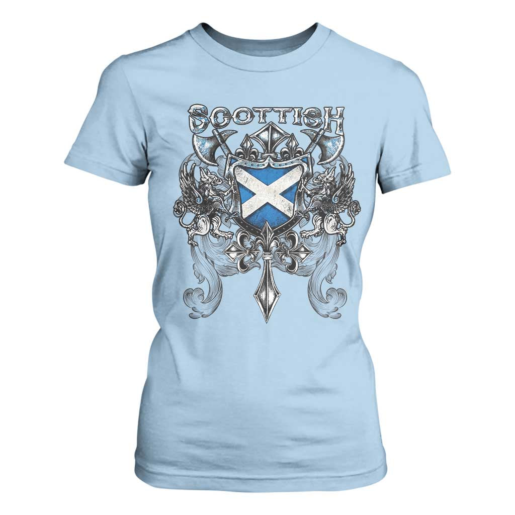 Scottish Heritage Crest Gothic T Shirt For Women Medieval Flag and Sword Celtic Pride TS02 Light Blue Print Your Wear