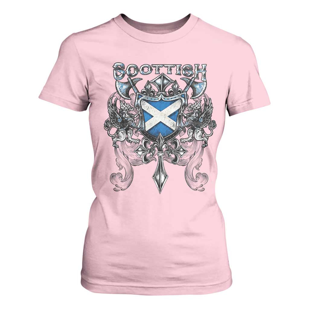 Scottish Heritage Crest Gothic T Shirt For Women Medieval Flag and Sword Celtic Pride TS02 Light Pink Print Your Wear