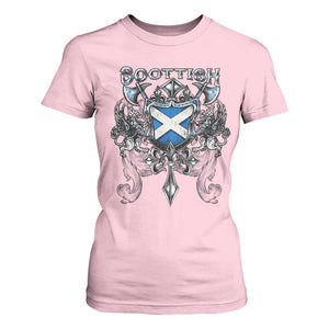 Scottish Heritage Crest Gothic T Shirt For Women Medieval Flag and Sword Celtic Pride TS02 Light Pink Print Your Wear