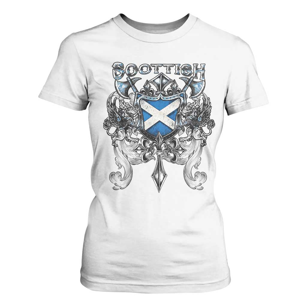 Scottish Heritage Crest Gothic T Shirt For Women Medieval Flag and Sword Celtic Pride TS02 White Print Your Wear