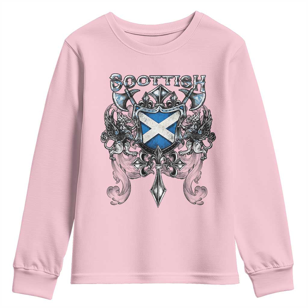 Scottish Heritage Crest Gothic Youth Sweatshirt Medieval Flag and Sword Celtic Pride TS02 Light Pink Print Your Wear